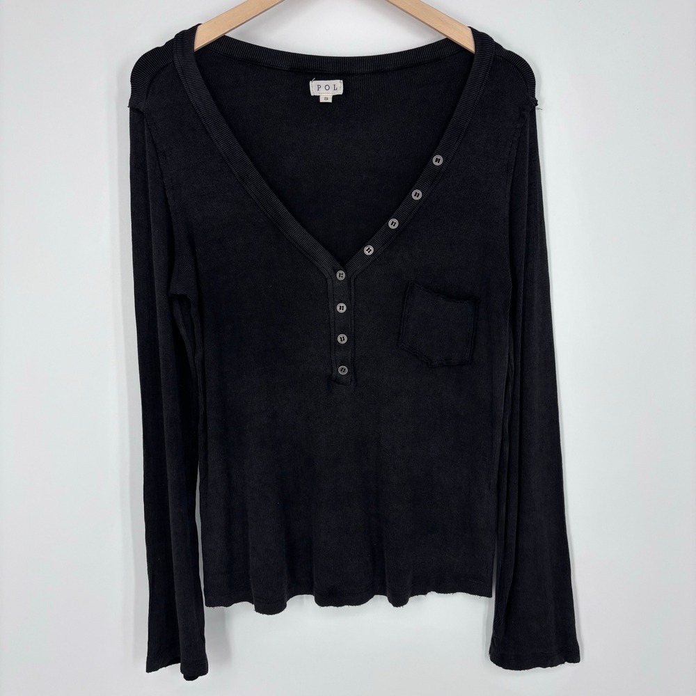 POL Ribbed Henley Pocket Tee Womens S Black Long Sleeve V-Neck Top Layering Boho